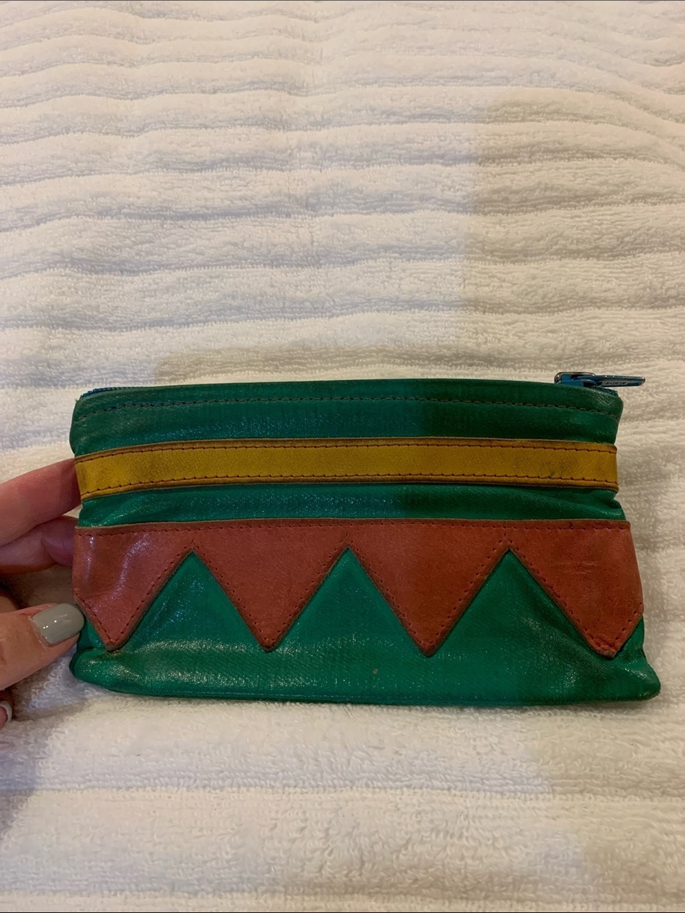 Source Unknown Green, Yellow & Mauve Leather Wristlet Clutch